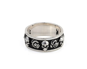 Skulls and Roses Ring, Sterling Silver Vintage Band Ring, Gothic Ring, Men's Jewelry, Gift for Him