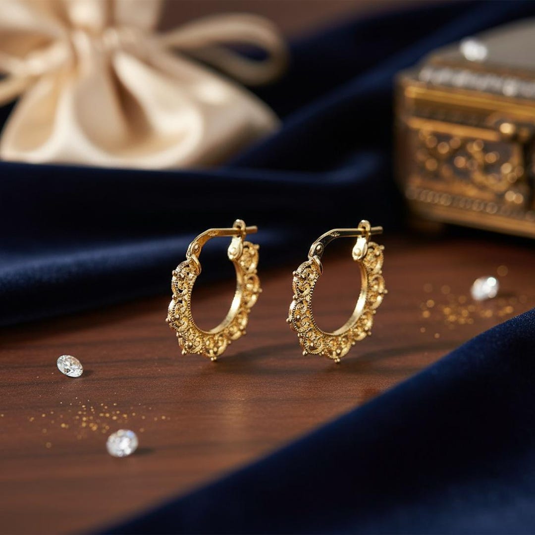 14k Gold Lace Hoop Earrings, Gold Hoops, Anniversary Gifts