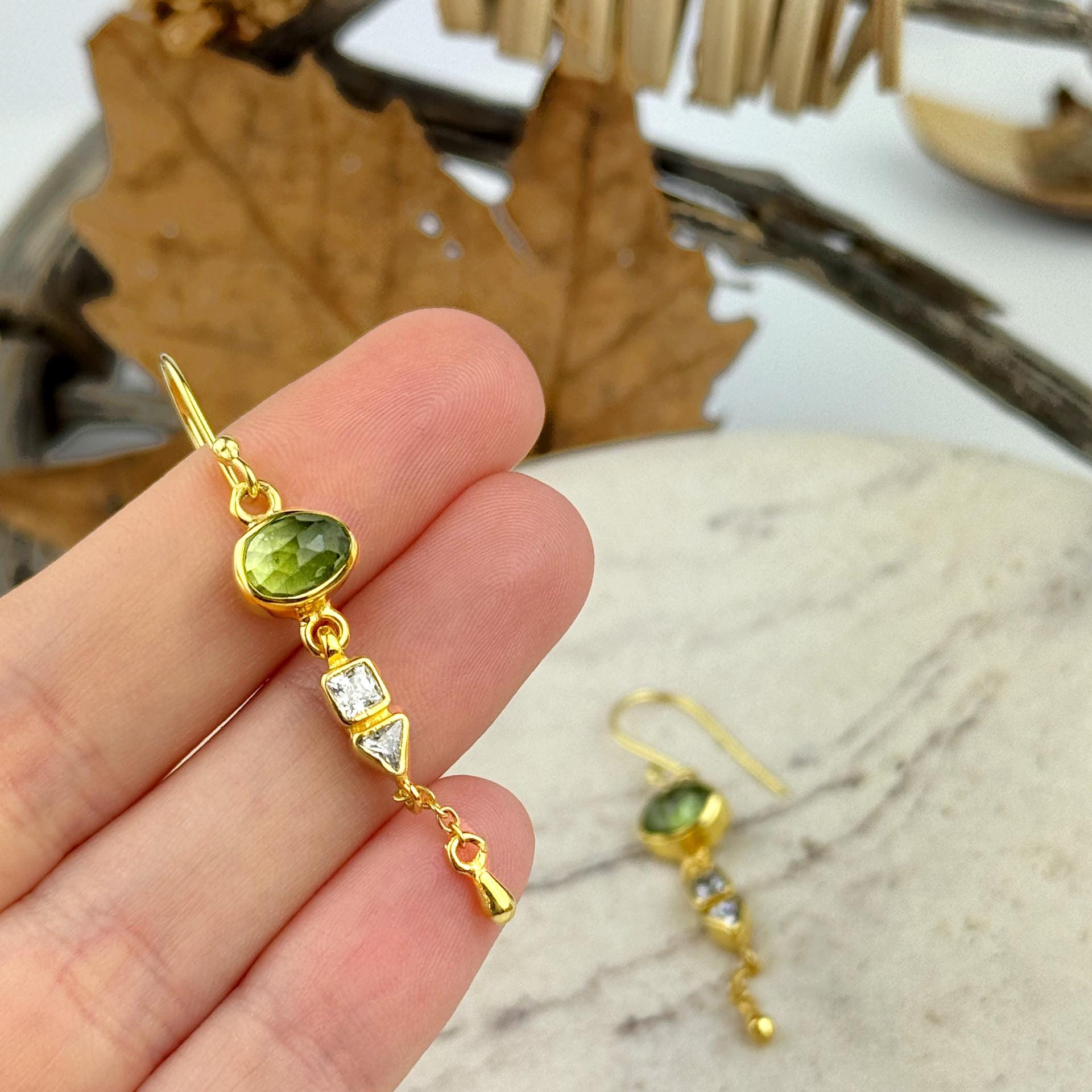 Boucles D'Oreilles Argent Sterling & Or Jaune - Pierres : Tanzanite, Grenat, Péridot, Citrine, Quartz Rose