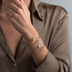Opal Olive Leaf Bangle Bracelet, Greek Jewelry Gift, Blue Opal Bangle Bracelet, Olive Leaf Silver Golden Bracelet, White Opal Bracelet