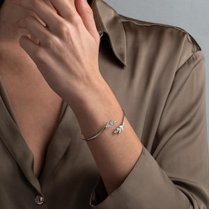 Opal Olive Leaf Silver Gold Plated Bangle Bracelet For Women, Greek Jewelry Gift, Gift for Her, White Opal Bracelet, Jewelry Gift