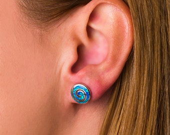 Sterling Silver Blue Opal Spiral Stud Earrings, Everyday Studs, Handmade Greek Jewelry, Birthstone Earrings