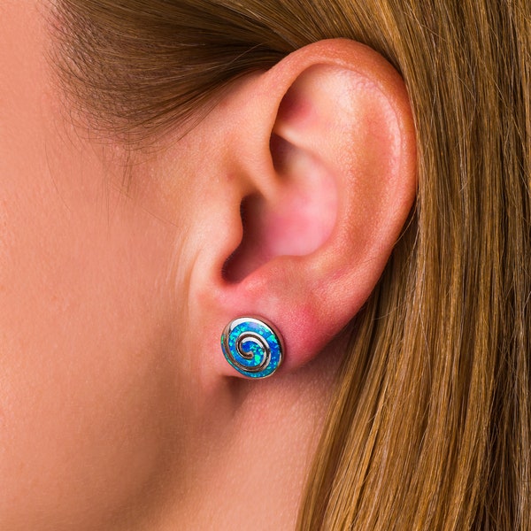 Sterling Silver Blue Opal Spiral Stud Earrings, Everyday Studs, Handmade Greek Jewelry, Birthstone Earrings