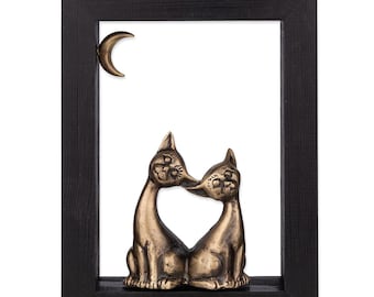 Bronze Figure The love of two cats, Wood Art Frame, Cat Statue Home Decor, Art Deco, Sonata Gallery Greek Artwork Decoration, Cat Lover Gift