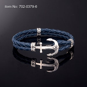 Sterling Silver Anchor Leather Bracelet, Personalized Men's Gift, Handmade Nautical Bracelet, Unisex Braided Bracelet Blue