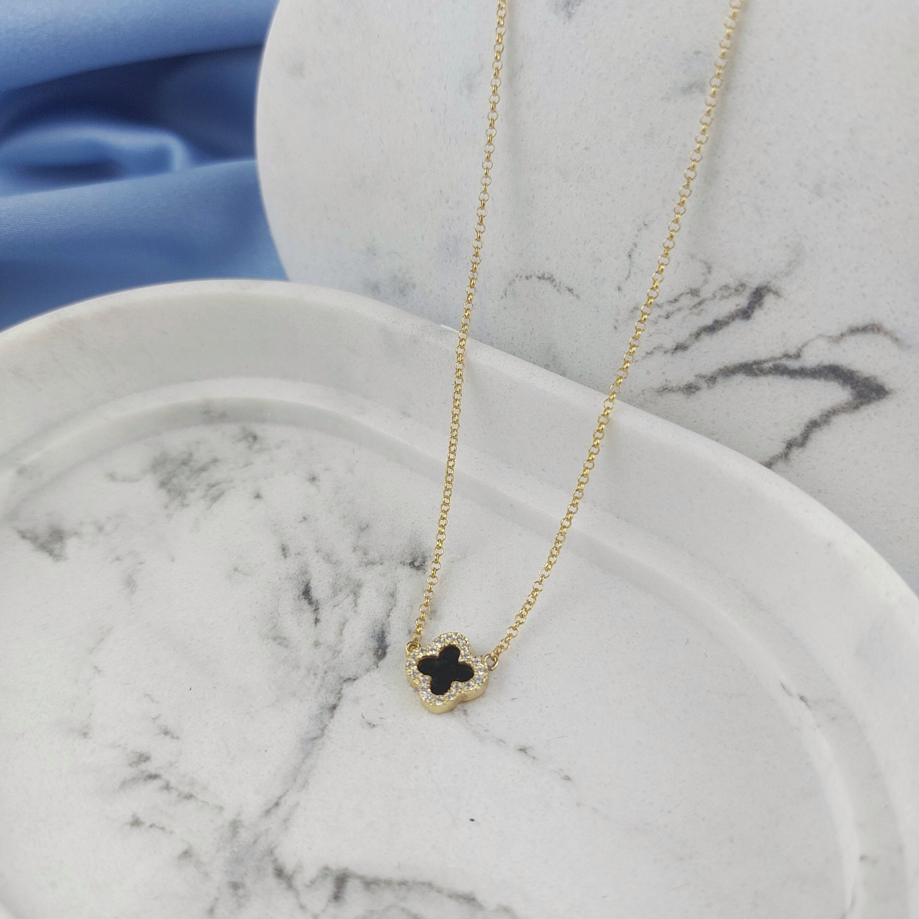 【BLACKPURPLE】23FW★ Verso Necklace Black Clover Necklace With Zircons, Onyx Four Leaf Necklace