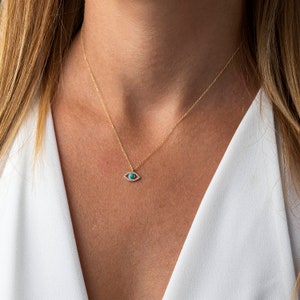14K Gold Turquoise Evil Eye Necklace with Zircons, Dainty Solid Gold Necklace, Lucky Necklace