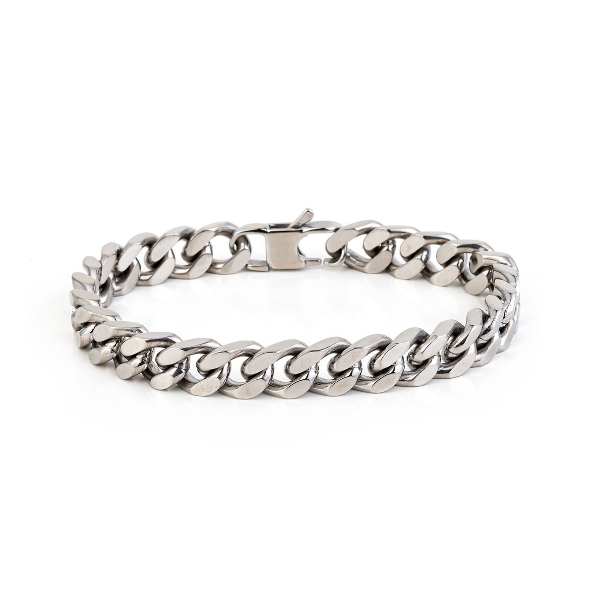 Rockyu Men's Stainless Steel Bracelet - Silver Double Chain, 12mm Wide, 210mm Length, Hypoallergenic