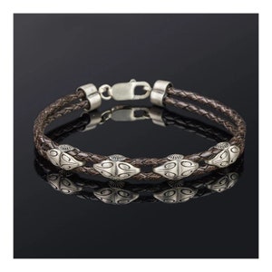 Sterling Silver Black Leather Bracelet, Double Braided Bracelet, Genuine Leather Mens Bracelet, Bracelets for Men