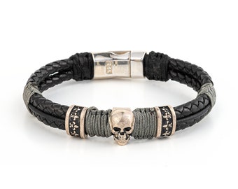 Silver Skull Black Leather Bracelet, Men's Bracelet, Gothic
