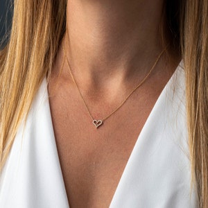 14K Gold Heart Necklace with zircons, I love you Necklace, Handmade Gift for Girlfriend, Valentines Day Gift