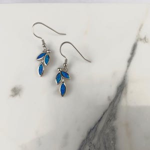 Opal Olive Leaf Dangle Earrings, Greek Jewelry Gift, Blue Opal Earrings, Olive Leaf Earrings, Sterling Silver 925, Gift for Her
