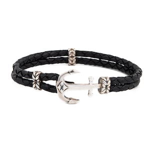 Sterling Silver Anchor Leather Bracelet, Personalized Men's Gift, Handmade Nautical Bracelet, Unisex Braided Bracelet Black