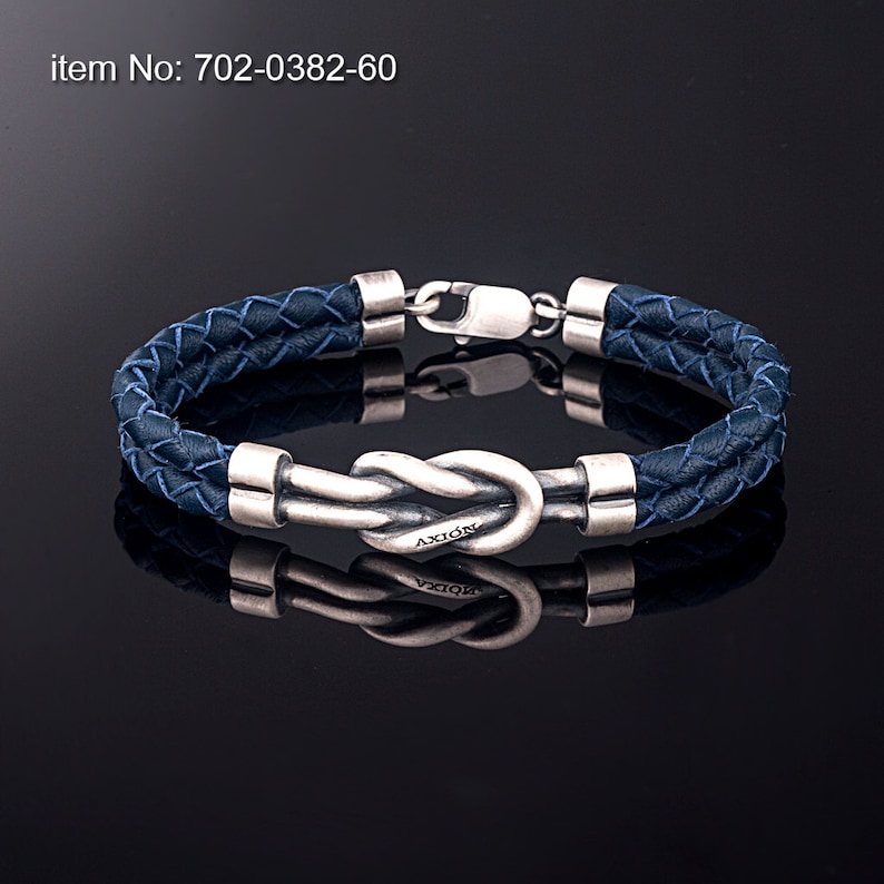 Sterling Silver Nautical Hercules Knot Bracelet, Handmade Men's Bracelet, Genuine Leather Bracelet, Gifts for him Blue