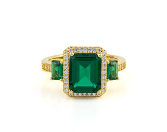 Green Stone Cubic Zirconia Ring, Sterling Silver Birthstone Ring, Square Cocktail Ring, Gold Plated Ring