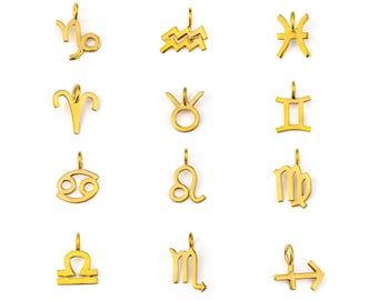 May include: A set of 12 gold zodiac sign charms. Each charm is a different zodiac sign, including Aries, Taurus, Gemini, Cancer, Leo, Virgo, Libra, Scorpio, Sagittarius, Capricorn, Aquarius, and Pisces.