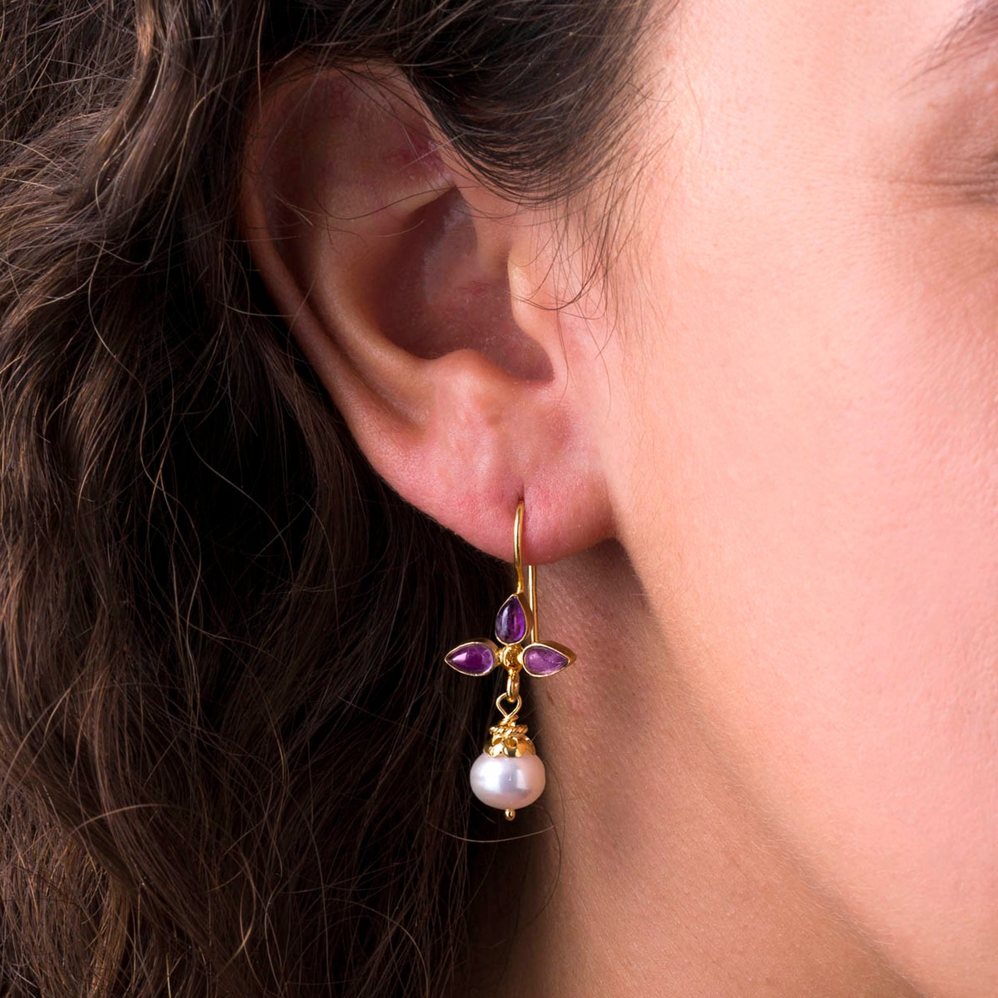 Boucles D'oreilles Pendantes Améthyste Et Topaze Blanche - Argent 925 Plaqué Or, 31 Mm, Neuves Sans Emballage