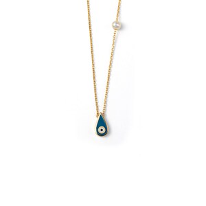 Solid Gold Evil Eye Drop Necklace in 14K Gold, Tiny Eye Minimal Necklace, Good Luck Necklace, Mother's Day Gift Blue