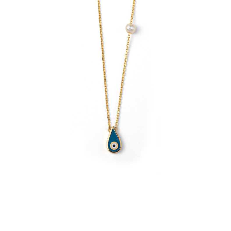 Solid Gold Evil Eye Drop Necklace in 14K Gold, Tiny Eye Minimal Necklace, Good Luck Necklace, Mother's Day Gift Blue