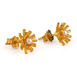 Gold Pearl Stud Earrings, Floral Studs, Tiny Pearl Stud Earrings, Bridal Earrings