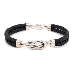 Sterling Silver Nautical Hercules Knot Bracelet, Handmade Men's Bracelet, Genuine Leather Bracelet, Gifts for him Black