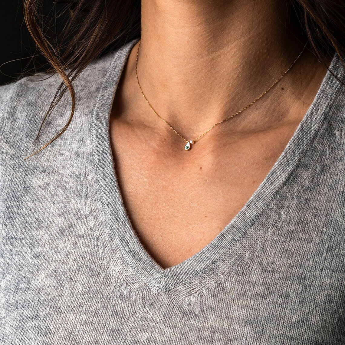 Solid Gold Evil Eye Drop Necklace in 14K Gold Tiny Eye Etsy