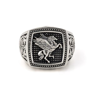Sterling Silver Pegasus Ring, Handmade Mens Ring, Vintage Ring, Statement Rings for Men