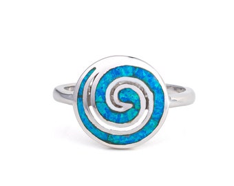 Sterling Silver Blue Opal Spiral Ring, Everyday Round Ring, Handmade Greek Jewelry, Birthstone Ring