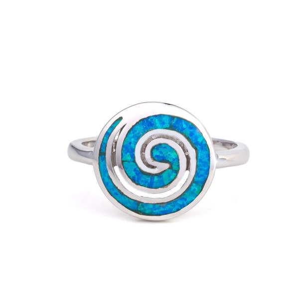 Bague spirale opale bleue en argent sterling, bague ronde de tous les jours, bijoux grecs faits main, bague de naissance