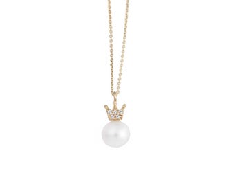 Perlen Kronen Halskette aus 9K Gold, Tear Drop Halskette, Minimalist Gold Perlenkette, Brautjungfer Halskette, Geburtstagsgeschenk, Mutter Geschenk
