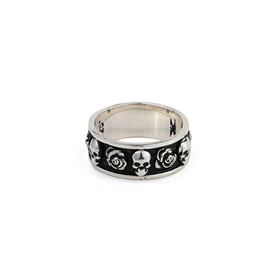 Skull And Roses Rings Skulls and Roses Ring, Sterling Silver Vintage Band Ring, Gothic Ring ...