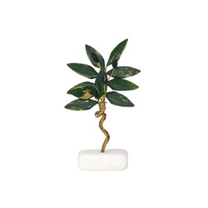 May include: A decorative olive tree sculpture. The leaves are painted green with gold accents, and the olives are black. The trunk is made of twisted gold wire, and the tree is mounted on a white rectangular base.