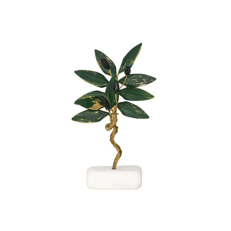May include: A decorative olive tree sculpture. The leaves are painted green with gold accents, and the olives are black. The trunk is made of twisted gold wire, and the tree is mounted on a white rectangular base.