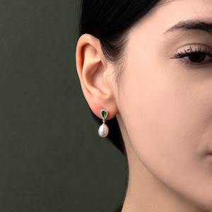 Teardrop Pearl and Zircon Dangle Earrings, Sterling Silver Gemstone Earrings, Drop Earrings, Green Crystal Earrings