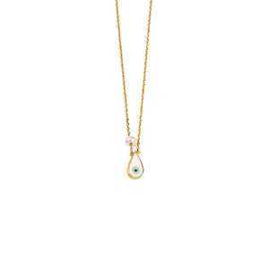 Solid Gold Evil Eye Drop Necklace in 14K Gold, Tiny Eye Minimal Necklace, Good Luck Necklace, Mother's Day Gift White