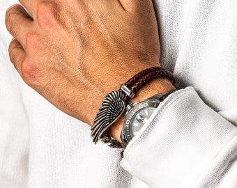 Sterling Silver Wing Leather Bracelet, Men&#39;s Jewelry, Angel wing bracelet, Silver 925 Leather Bracelet, Angel wings bracelet