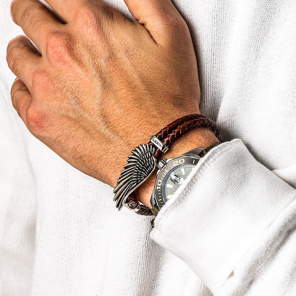 Sterling Silver Wing Leather Bracelet, Men's Jewelry, Angel wing bracelet, Silver 925 Leather Bracelet, Angel wings bracelet