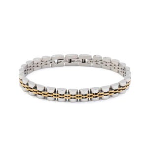 May include: A two-tone bracelet in stainless steel and gold. The bracelet has a series of interlocking links. The central row of links is gold-coloured, while the outer links are silver-coloured. The bracelet is shown against a white backdrop.