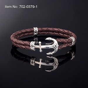 Sterling Silver Anchor Leather Bracelet, Personalized Men's Gift, Handmade Nautical Bracelet, Unisex Braided Bracelet Brown