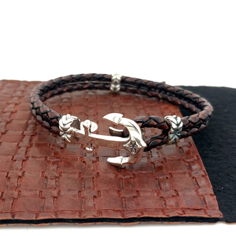 Sterling Silver Anchor Leather Bracelet, Personalized Men's Gift, Handmade Nautical Bracelet, Unisex Braided Bracelet image 6