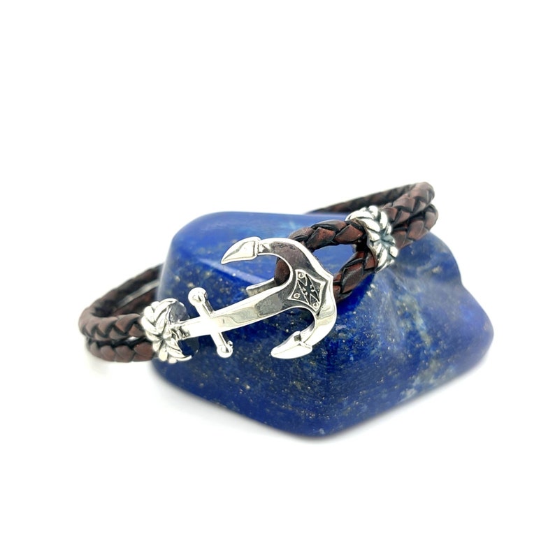 Sterling Silver Anchor Leather Bracelet, Personalized Men's Gift, Handmade Nautical Bracelet, Unisex Braided Bracelet image 5