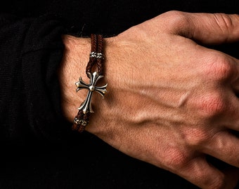 Sterling Silver Cross Leather Bracelet, Men&#39;s Braided Bracelet, 925 Leather Bracelet, Statement Bracelet for Him