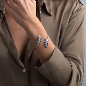 Opal Olive Tree Branch Leaf Bracelet, Greek Jewelry, Blue Opal Bangle Bracelet, Olive Leaf Silver Golden Bracelet, White Opal Bracelet