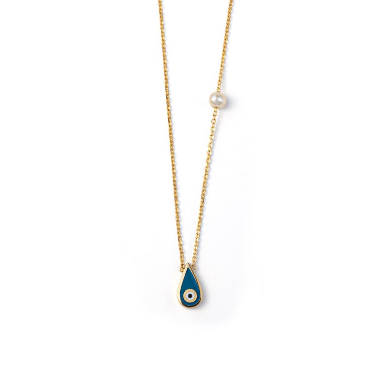 Solid Gold Evil Eye Drop Necklace in 14K Gold, Tiny Eye Minimal Necklace, Good Luck Necklace, Mother's Day Gift image 7