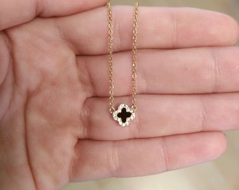 Black Clover Necklace with Zircons, Onyx Four Leaf Necklace, Dainty Necklace, Mother's Day Gift