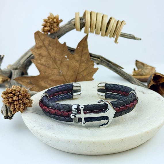 Sterling Silver Anchor Flex Leather Bracelet, Navy Cuff Bracelet