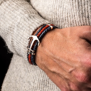 Sterling Silver Anchor Flex Leather Bracelet, Navy Cuff Bracelet, Mens Nautical Bracelet, Bracelets for Men