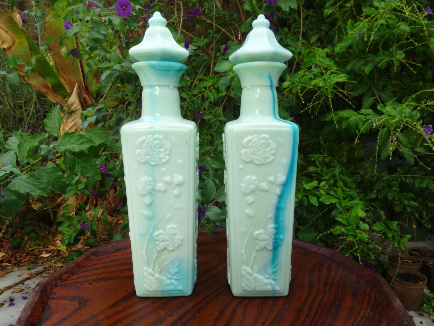 Vintage green milk glass bottles set of two. Etsy