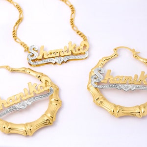 Double Name Plate Necklace and Earring Set|Bamboo Earrings|Name Jewelry|Personalized Name Necklace|NameSet|Free Shipping