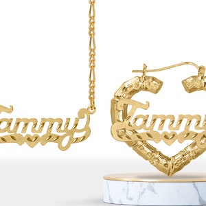 Name Plate Necklace and Earring Set | Bamboo Earrings | Heart Shape | Name Jewelry | Name Set | Free Shipping |